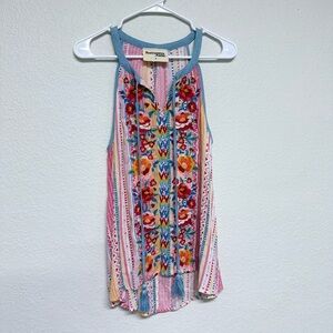 Savanna Jane Boho Floral Embroidered Tassel Tie Neck Tank Top Small